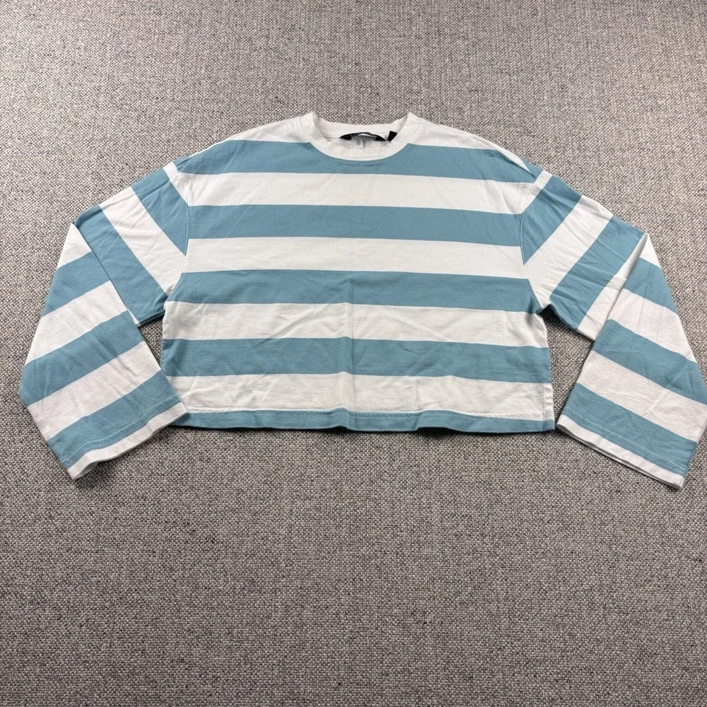 Vineyard Vines Women's Oversized Crop Striped Long Sleeve Tee Aqua White XS